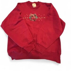 Red vintage 90s crewneck sweatshirt with embroidered holiday‎ design LARGE